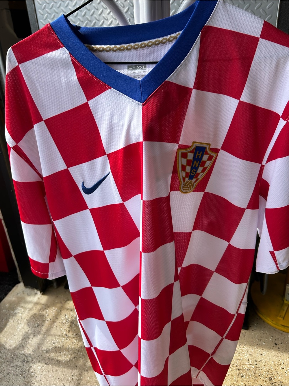 Nike Red & White Checkered Soccer Jersey with Blue Trim